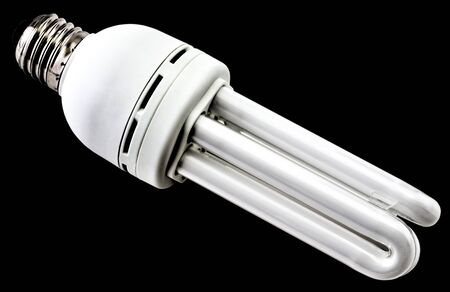 Energy saving bulb isolated on black background close up viewの写真素材
