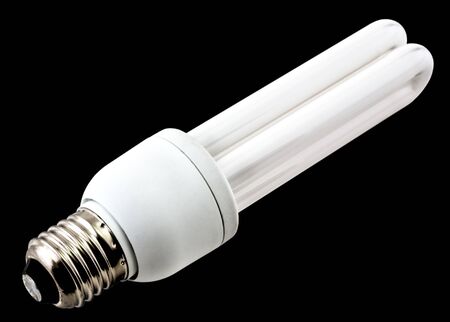 Energy saving bulb isolated on black background close up viewの写真素材