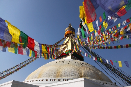 Bodhnath stupa with colorful flags in Kathmandu, Nepalの写真素材
