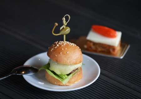 Delicious mini burger canapes on a white plateの写真素材