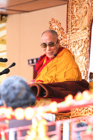 LEH, INDIA - AUGUST 5, 2012: His Holiness the 14th Dalai Lama gives teachings on August 5, 2012 at...