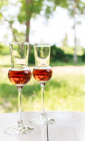 Glass of dark italian Grappa brandy on nature backgroundの写真素材