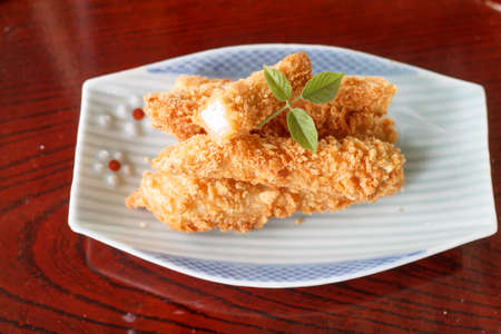 Asian snack: taro chips served in china plateの写真素材