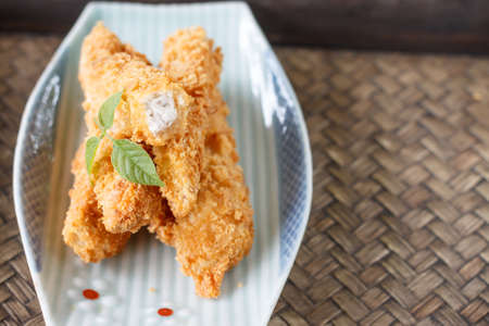 Asian snack: taro chips served in china plateの写真素材