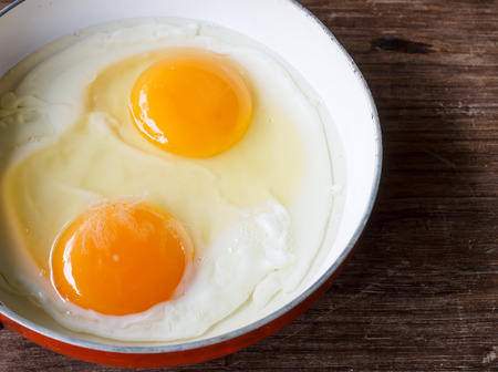Fried egg on frying pan prepared for breakfastの写真素材