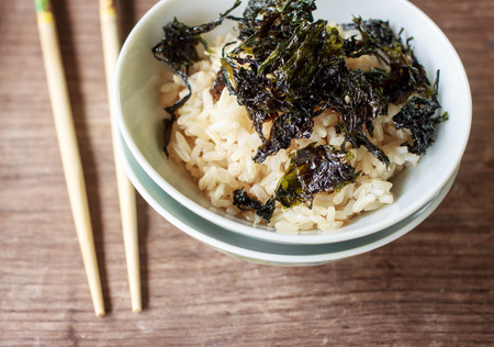 steamed brown rice served in china plateの写真素材