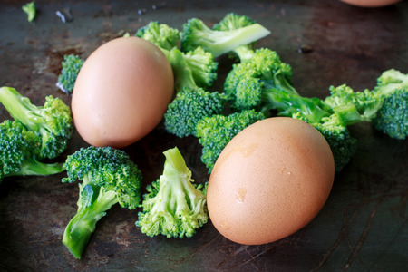 organic broccoili cutting prepare for cooking with eggsの写真素材