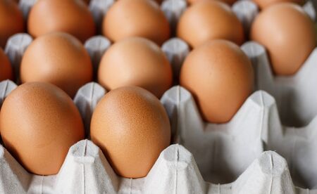 Group of fresh eggs in paper tray