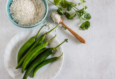 Organic vegetable fresh from garden ingredient for cook, Green chili , jasmine rice with Coriander...
