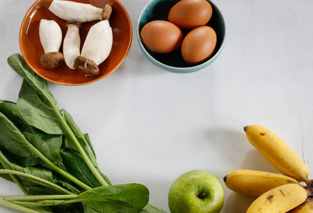 eggs, mushroom, rice, kale, banana, apple, healthy food project