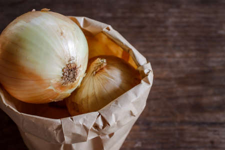 Organic onion put on old wood, dark toneの写真素材