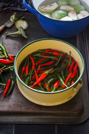 red chili in bowl for cook.の写真素材