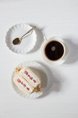 japanese fruit sandwich, fruit sando  with hot espresso coffee.の写真素材