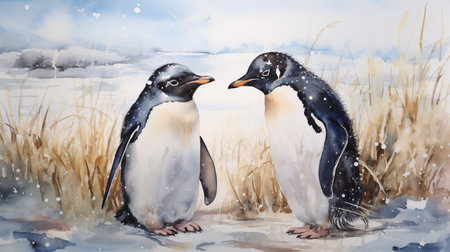 A family of penguins in the middle of a snowy field, drawn with watercolors. Generative AIの素材