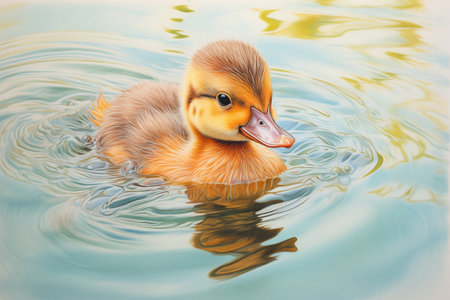 Cute little duck swimming, drawn with colored pencils, emphasizing the lines and using natural colors. Generative AIの素材