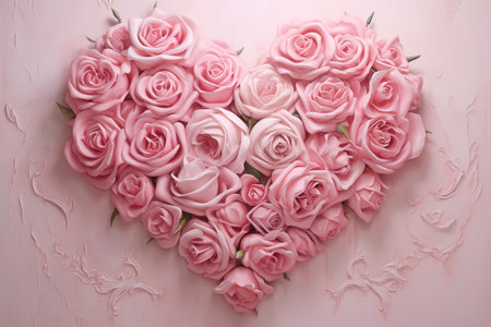 Pink roses arranged in a heart shape on a light pink background. Generative AIの素材