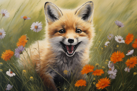 Cute fox in the grass, drawn with colored pencils. Generative AIの素材