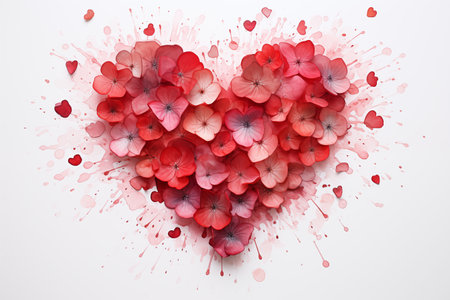 Heart made of red flowers decorated with watercolor splashes on the background. Generative AIの素材