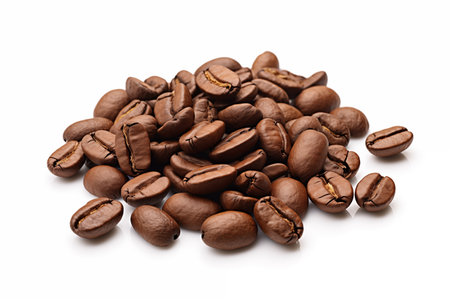 Coffee beans in a pile on a white background. Generative AIの素材