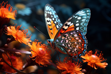 Brightly colored butterflies are clinging to flowers in search of nectar. Generative AIの素材