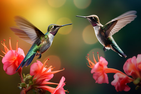 Hummingbirds fly in pairs searching for flowers that contain nectar. Generative AIの素材