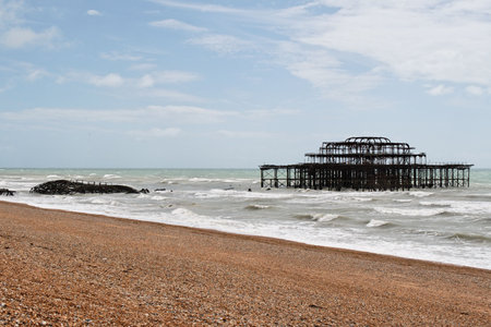 The remains of the West Pier and the Concert Hall of Brighton after an arson attack in 2003の写真素材
