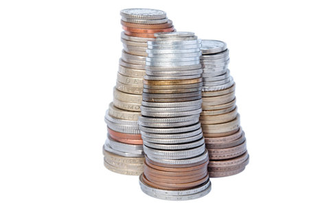 3 columns of used coins including Pound Sterling and Japanese Yen on a white background 