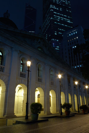 Night view of the Hong Kong Legislative Council Building (Former Supreme Court Building until 1985) with the statue of Justice on top but unilluminatedの写真素材