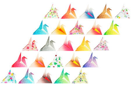 Paper folded birds arranged in a parallelogram shape and isolated on a white background  の写真素材