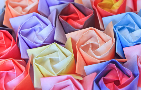 Close-up of colourful paper roses. Shallow depth of field.の写真素材