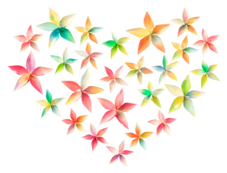 25 colorful paper flowers arranged in a heart shape, isolated on a white backgroundの写真素材