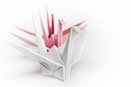 Three paper birds lining up on a white background, high-key and shallow depth of field の写真素材