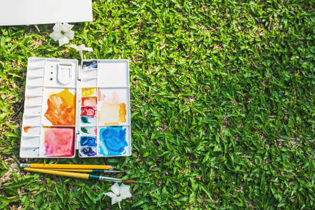 Picture of paint and brushes placed on the outdoor lawn.Focus on  color paletteの写真素材