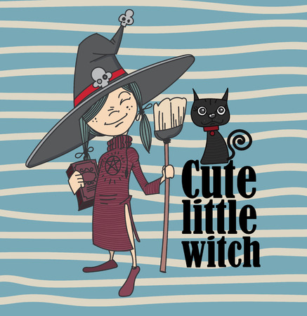 cute little witch and cat.のイラスト素材