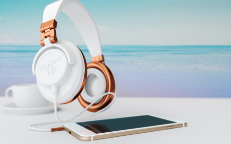 headphones, coffee mugs, sea, work and leisure of modern life.Retro colorsの写真素材