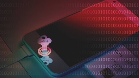 The card is the key to unlock the phone. Theft of mobile phones. 3D render, illustration.