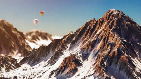 Snow-capped mountains.Balloon floating in the mountains. 3d render and illustration.の写真素材