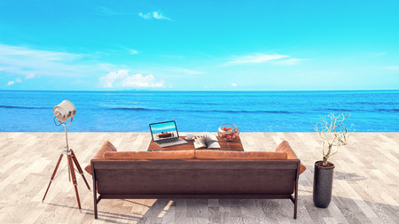 The atmosphere in the office balcony at the sea. 3d render and illustration.の写真素材