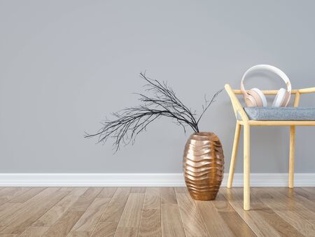 Minimal style music and play concept. Headphones that are placed on a wooden chair. 3d render and illustration.の写真素材