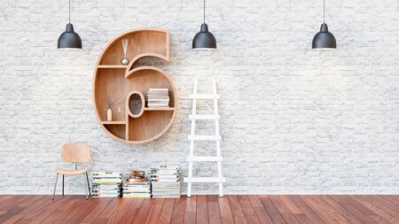 A library with bookshelves a letter 6. 3d render and illustration.の写真素材