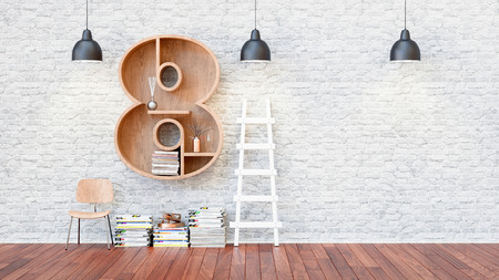 A library with bookshelves a letter 8. 3d render and illustration.の写真素材