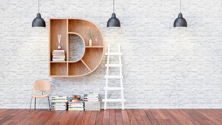 A library with bookshelves a letter d. 3d render and illustration.の写真素材