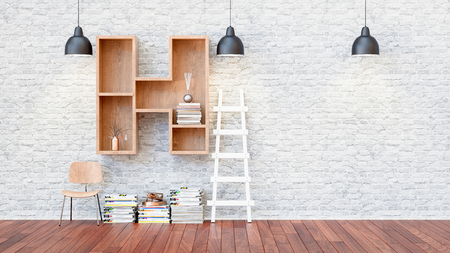 A library with bookshelves a letter H. 3d render and illustration.の写真素材