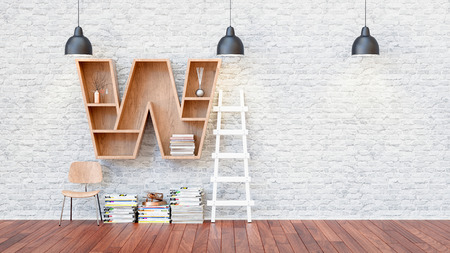 A library with bookshelves a letter w. 3d render and illustration.の写真素材