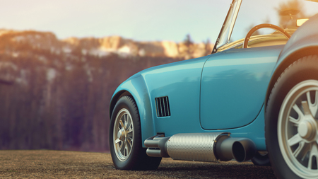 Classic car parked in the mountains in the morning. 3d render and illustration.の写真素材