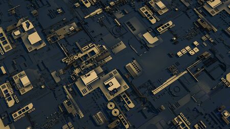 Electronic circuitry with gold on black background. 3d render and illustration.の写真素材