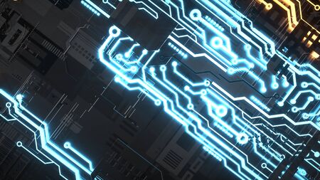 Electronic circuitry with gold on black background. 3d render and illustration.