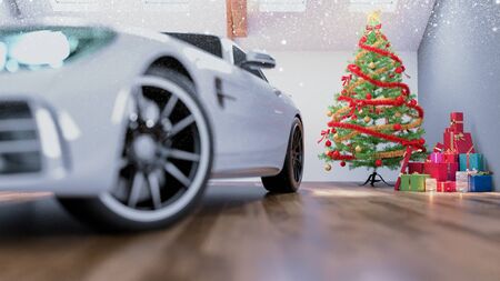car in chrismas room and decorated. 3d rendering and illustration.の写真素材