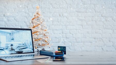 The credit card and the product sale and promotion.Trading online. Christmas season. 3d rendering and illustration.の写真素材