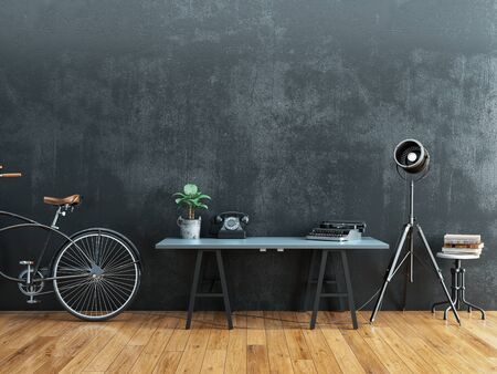 Black room decorated in vintage style. 3d rendering and illustration.の写真素材
